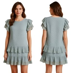 TRISH SCULLY Dress Womens 4 Light Blue Swiss Dot Lace Ruffle Tiered Babydoll